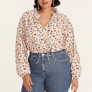 J.crew‎ Medium Scalloped Tie-neck Long Sleeve Top Floral Wildflowers Red Ivory